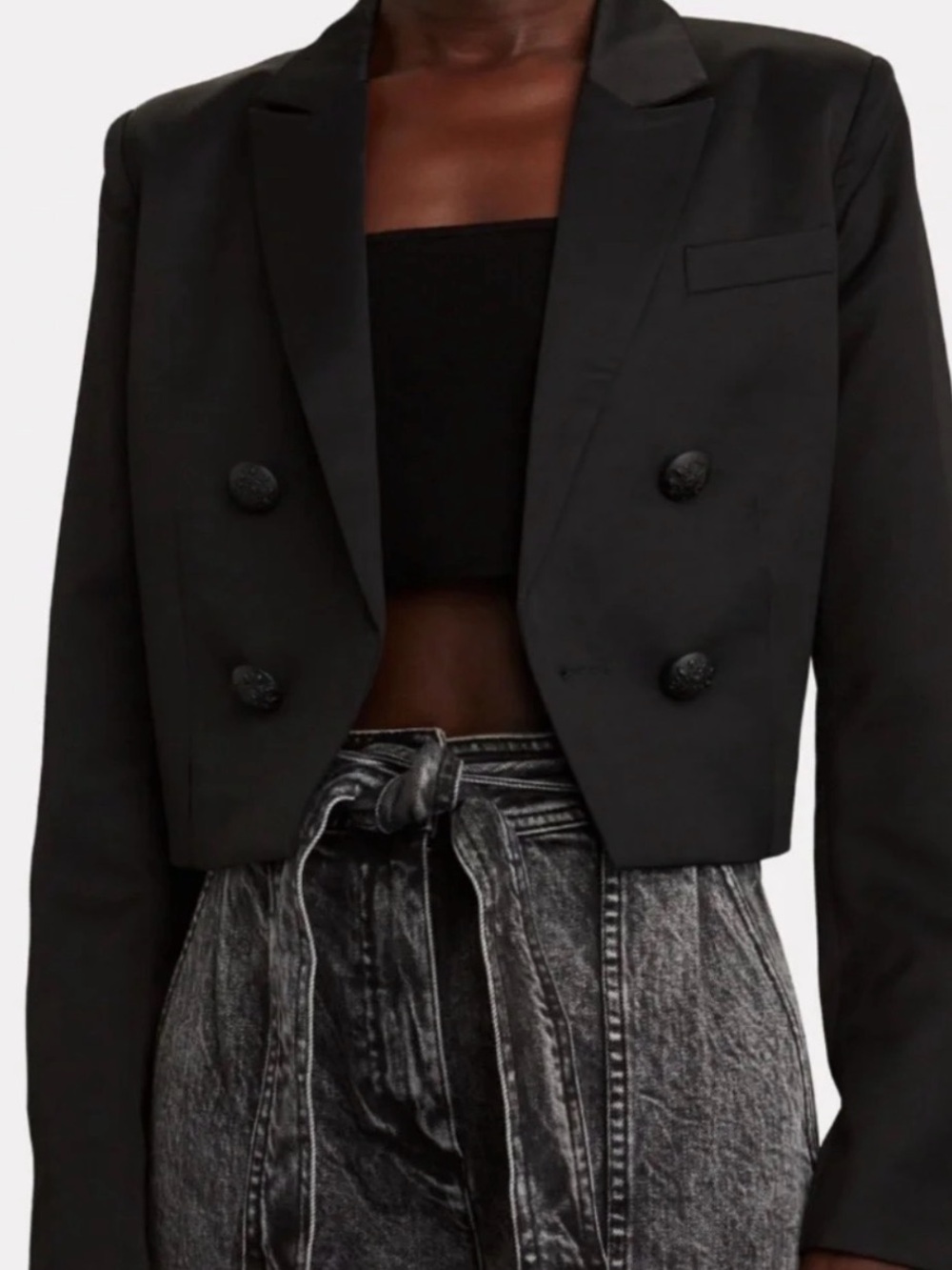 INTERMIX Cropped Double-Breasted Satin Black Blazer Jacket